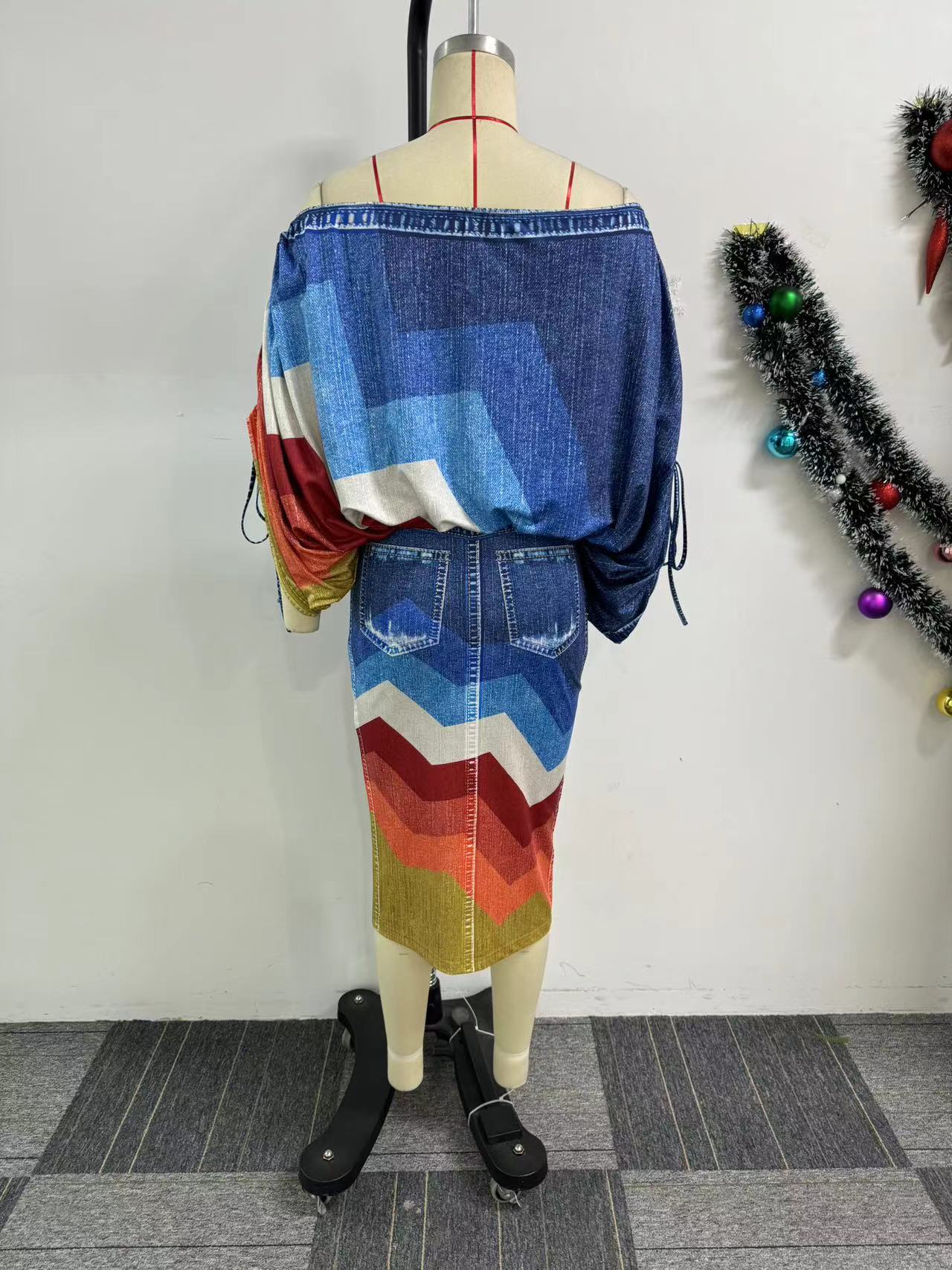 Off Neck Printed Batwing Sleeve Top Split Skirt Two Piece Set