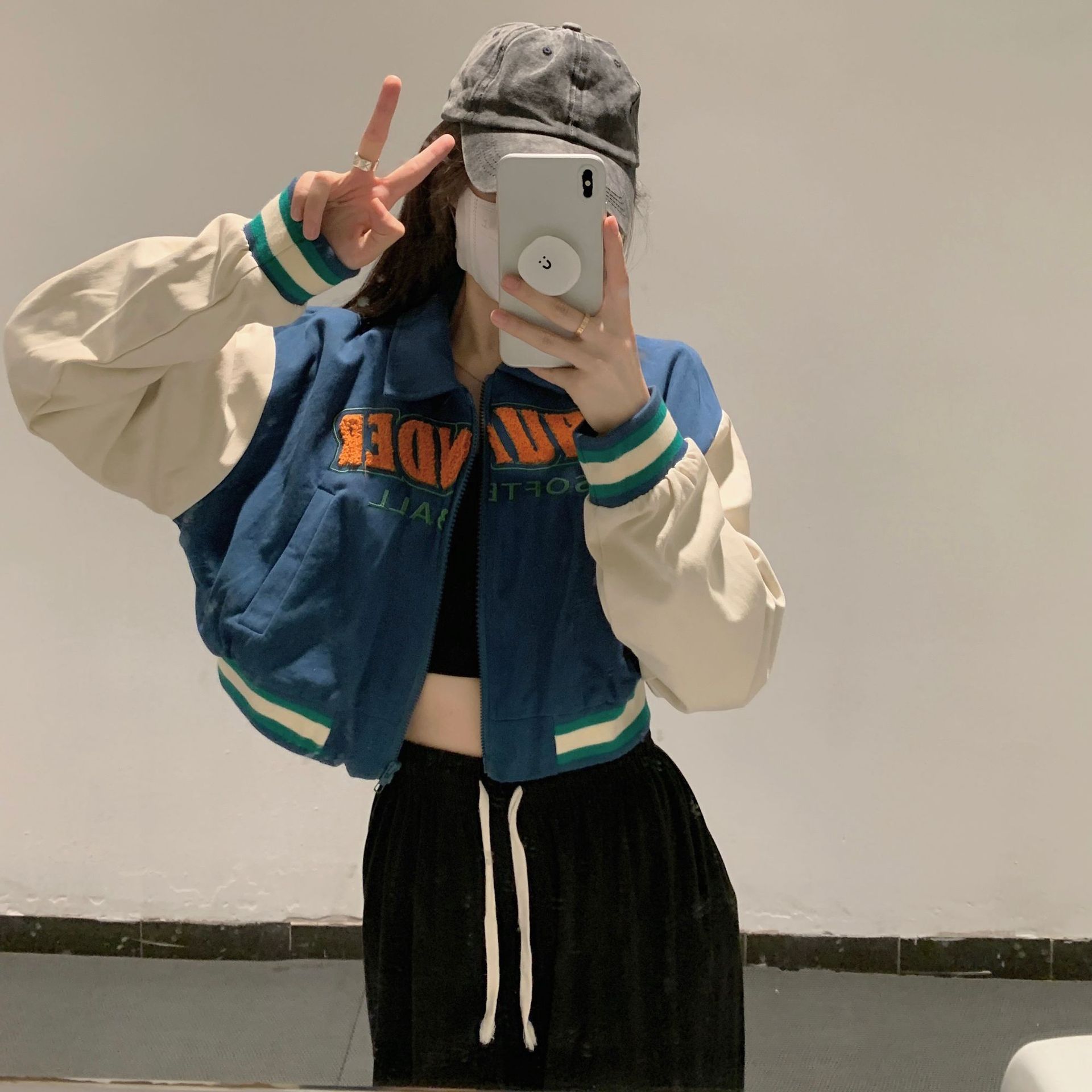外贸虾皮美式复古辣妹短款vintage棒球服设计感小众夹克长袖外套