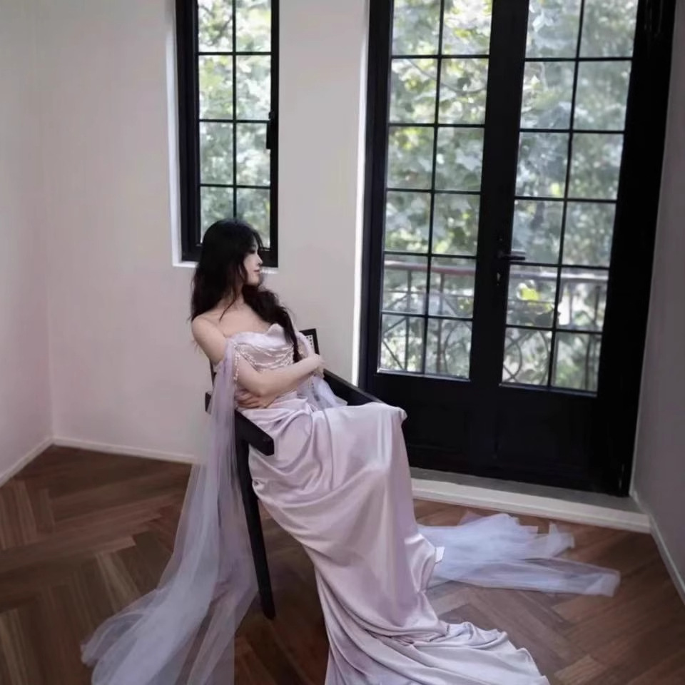 Purple off-shoulder Evening Dress Satin Fishtail French Niche Out-door Yarn Super Fairy Mori Style Travel Photoshoot Sexy Dress for Women