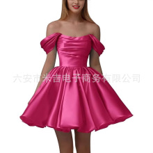 2025女士露肩缎面返乡一字肩礼服短款百褶无肩带舞会礼服婚礼礼服