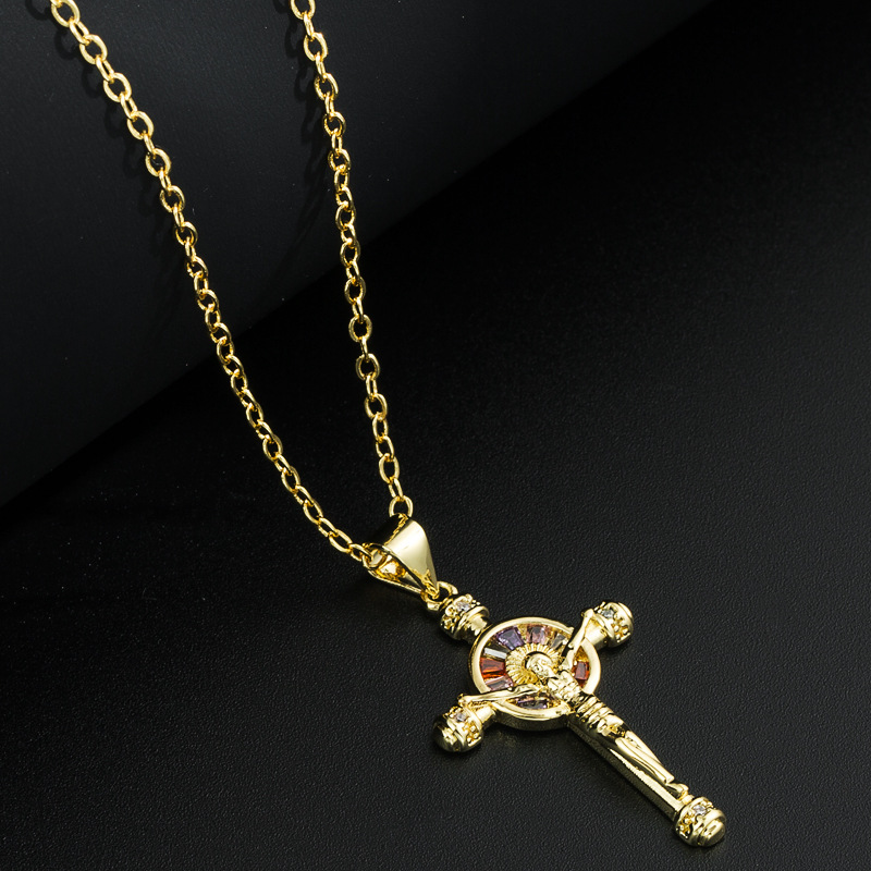 Mode Kreuz Jesus Religiöse Gold-überzogene Kupfer Anhänger Intarsien Zirkon Halskette display picture 4