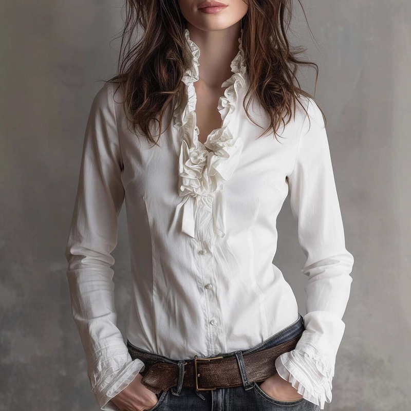 2025 Spring and Summer New European Station Business Wear White Large Size Lace One-Line Collar Slim One-Piece Blouse 2025 Spring and Summer New European Station Business Wear White Large Size Lace One-Line Collar Slim One-Piece Blouse