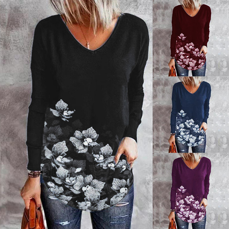 autumn and winter women s flower print loose V-neck t-shirt nihaostyles wholesale clothing NSLZ82022