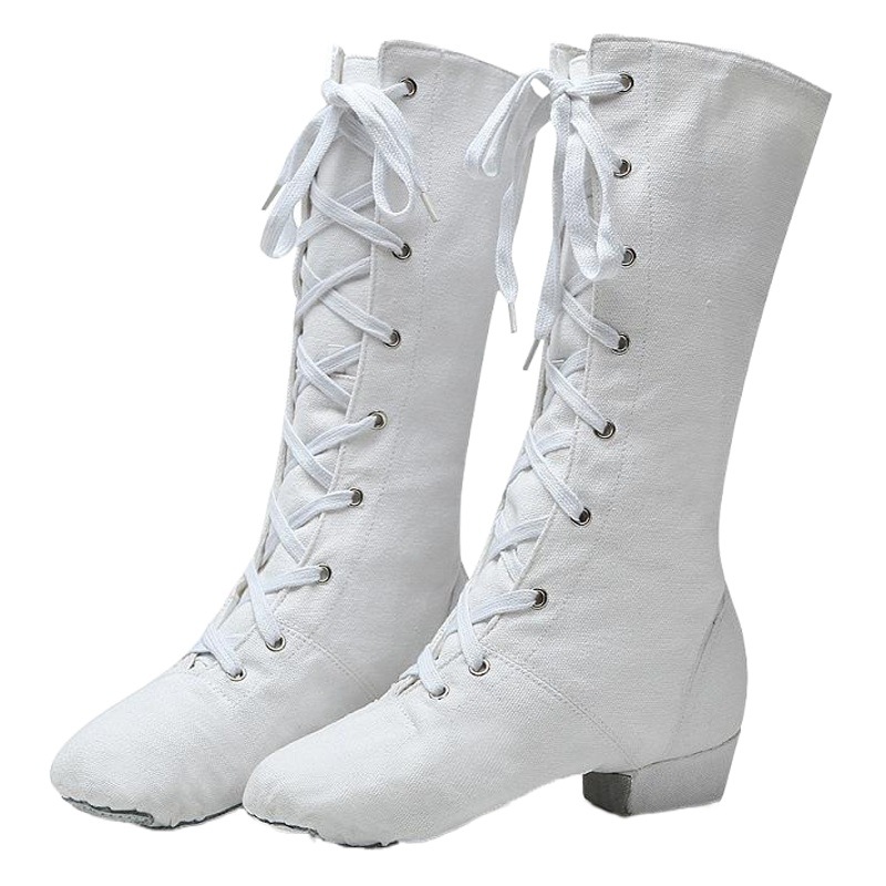 Dancing Shoes Women's Soft Sole Practice Shoes Teacher Shoes Steel Tube Men's Black Lace-Up High-Top Long Canvas Long Barrel Jazz Boots