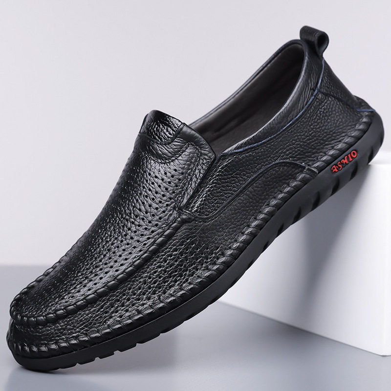 Dép sandal nam da bò thật thoáng khí lỗ rỗng, dép lê mùa hè gót thấp 1-3 cm — nâu, đen