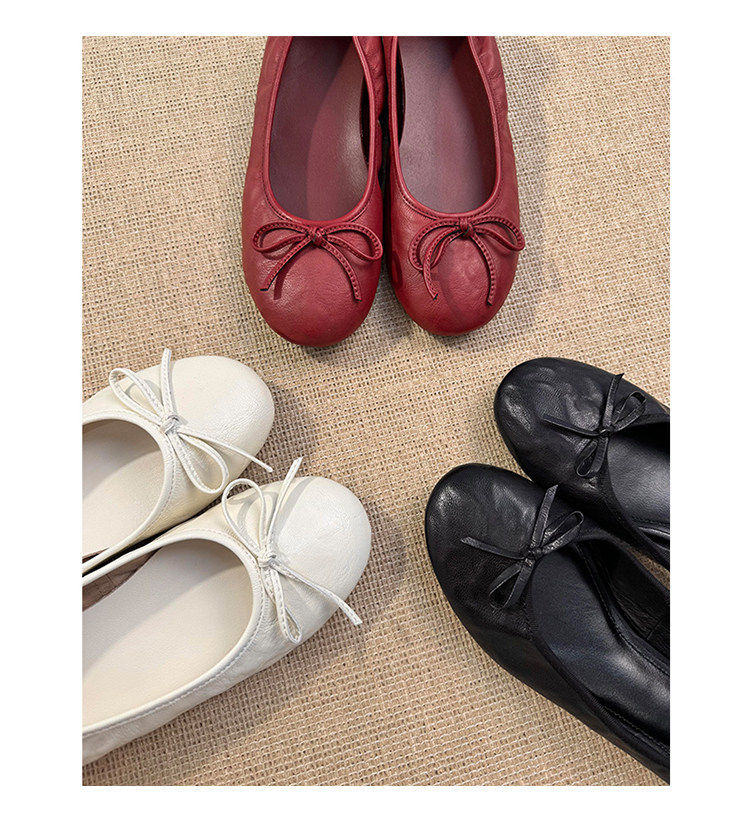 Giày búp bê nữ da cừu thật mũi tròn thắt nơ, đế bằng gót thấp, kiểu retro thanh lịch — màu đen, màu đỏ chi tiết 6