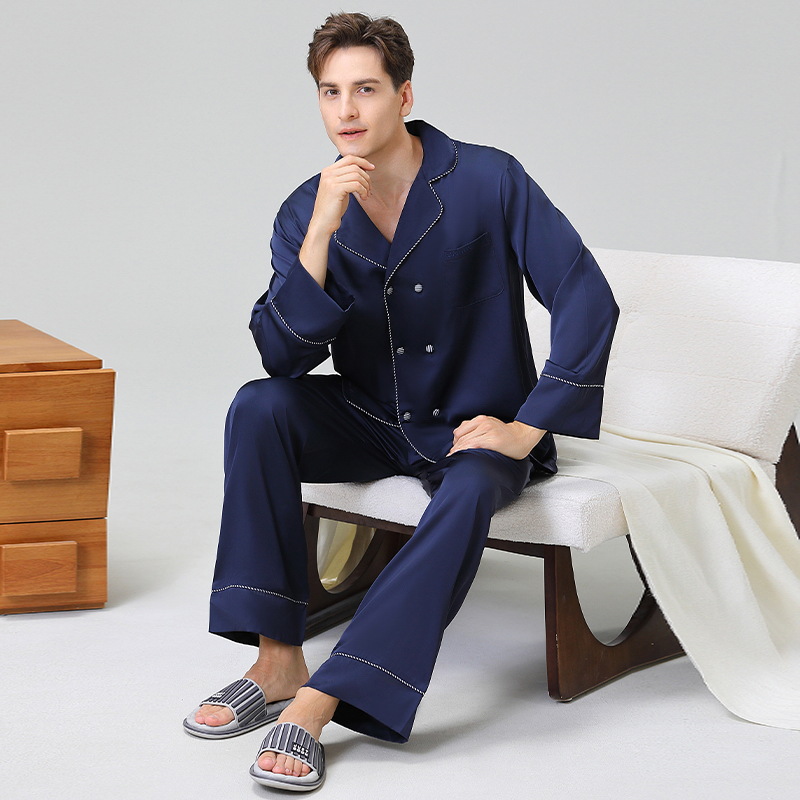 plus size Pajamas Men's Double-breasted Long-sleeved suit High-end Silk Simulation for Boyfriend Dad Outwear Home Clothes