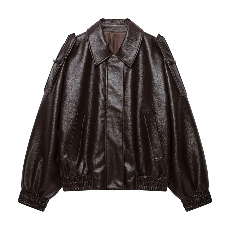 Myst&Za New Cross-Border Women's Casual Lapel Long-Sleeved Leather Effect Bomber Jacket 8491043