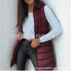 2025新款现货跨境外贸欧美女装亚马逊纯色拉链连帽棉马甲长款外套