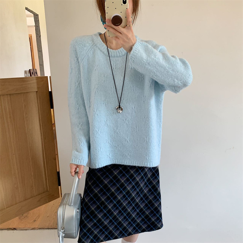 韩版秋冬新款设计感圆领勾花套头毛衣女外穿温柔慵懒风针织衫上衣|undefined