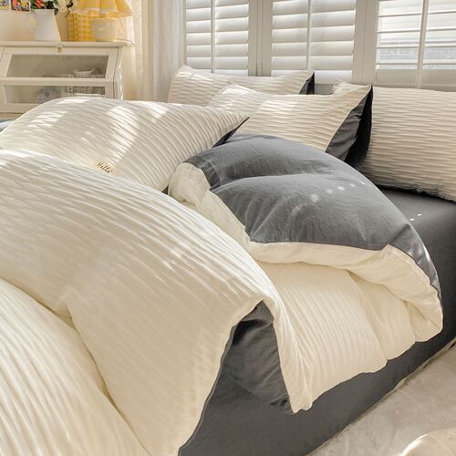 Nordic style seersucker washed cotton solid color four-piece fitted sheet quilt cover dormitory three-piece bedding set wholesale