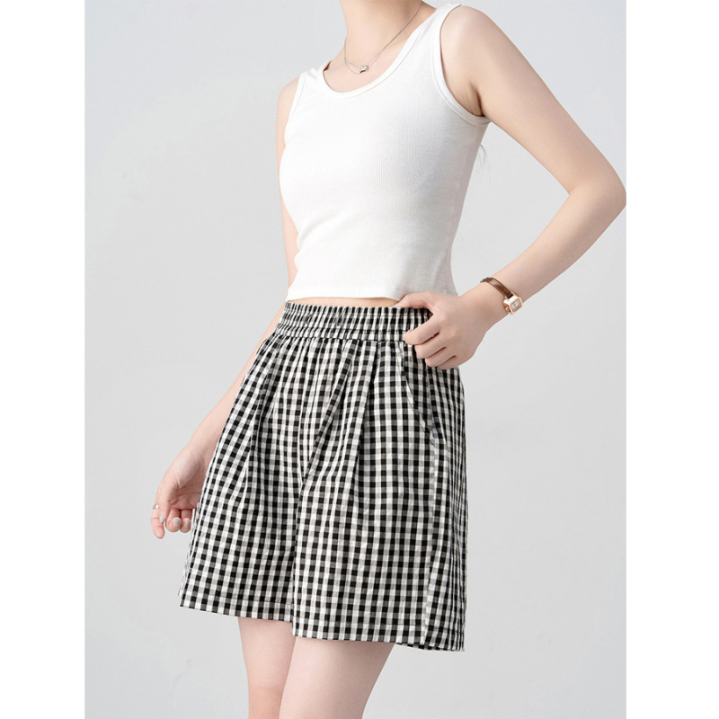 Summer Black and White Plaid Shorts Washed Cotton Loose Slimming High Waist Wide Leg Casual Sports Hot Pants for Children Summer Black and White Plaid Shorts Washed Cotton Loose Slimming High Waist Wide Leg Casual Sports Hot Pants for Children