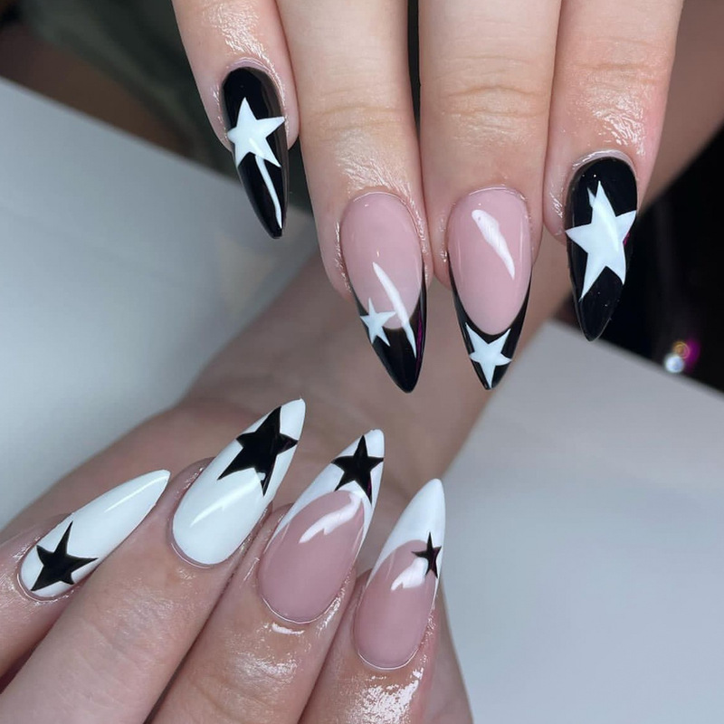 Wear Armor Finished Medium Almond Black and White Contrast Color Five-pointed Star Printed Nail Art Patch Removable Fake Nail