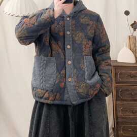 冬季新棉麻印花加棉外套立领短款加厚棉衣女宽松大码连帽保暖棉服