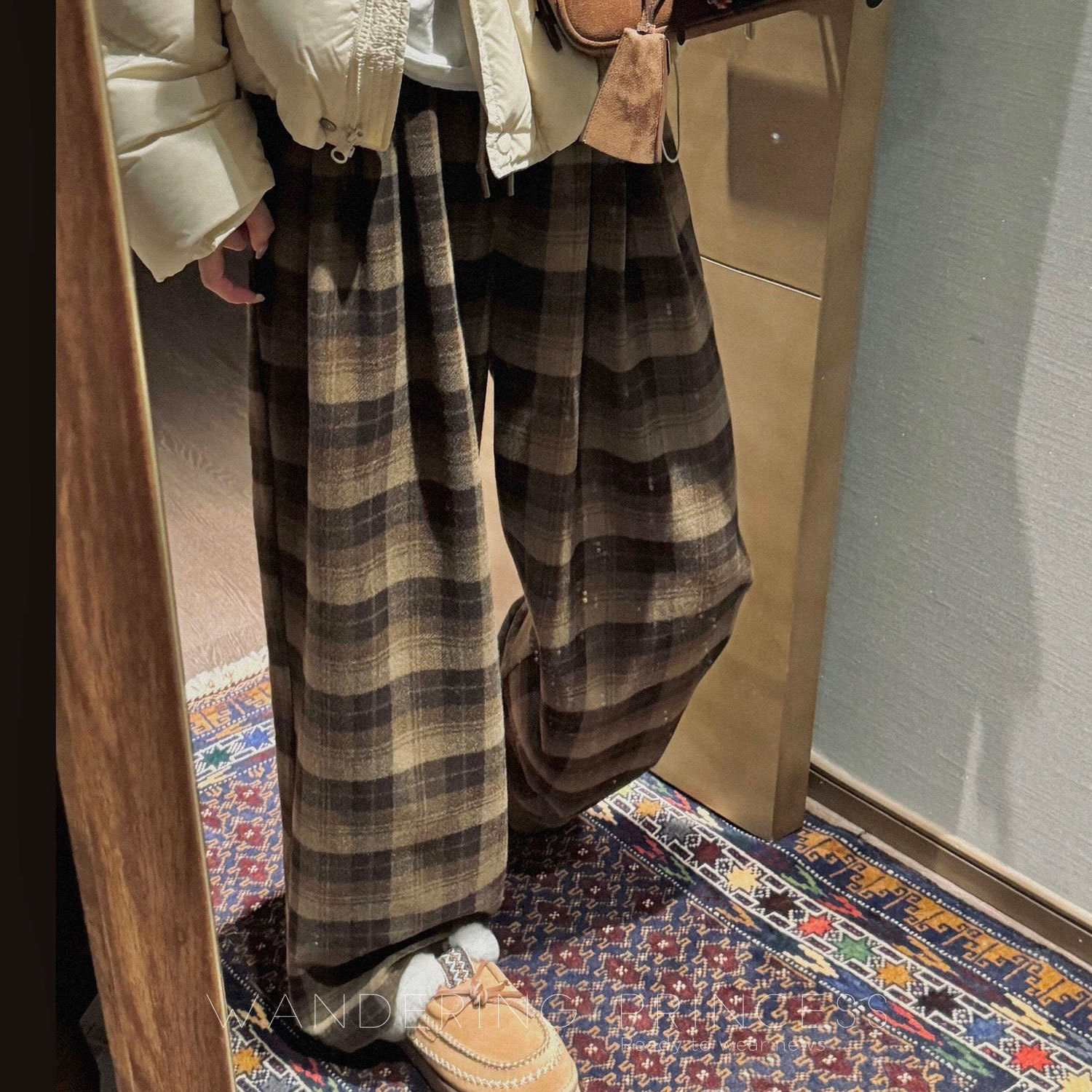 [Agregue fertilizante y aumente] Pantalones a cuadros de terciopelo de cordero grueso en invierno, pantalones casuales cálidos de cintura alta para mujer