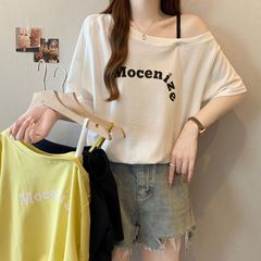 大きいサイズのレタープリントオフショルダー半袖Tシャツ女性用2025年夏新作ファットmmルーズスリミングファッショントップ女性用