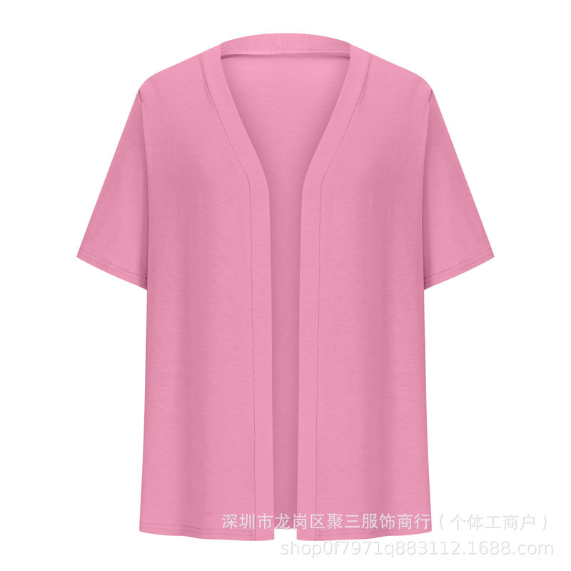 Amazon's New European and American Plus-Size Women's Elegant Tops, Solid Color Shawl Short-Sleeved Cardigan Knitwear