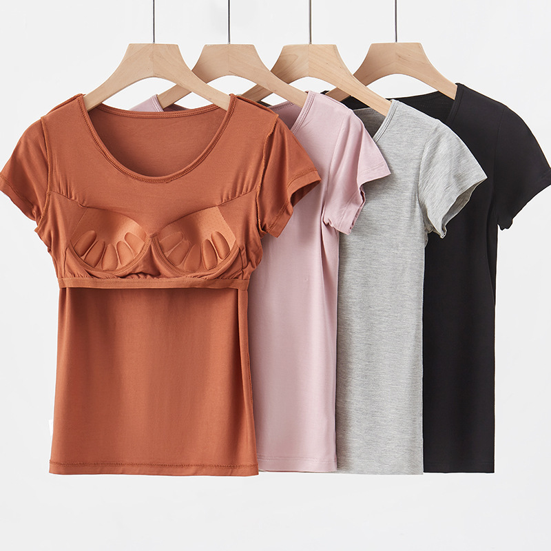Short-Sleeved T-Shirt with Breast Pads for Women, Summer Home Clothes, Bra-Free Intimates, Bra Cup, All-In-One, No Steel Ring, Can Be Worn Outside