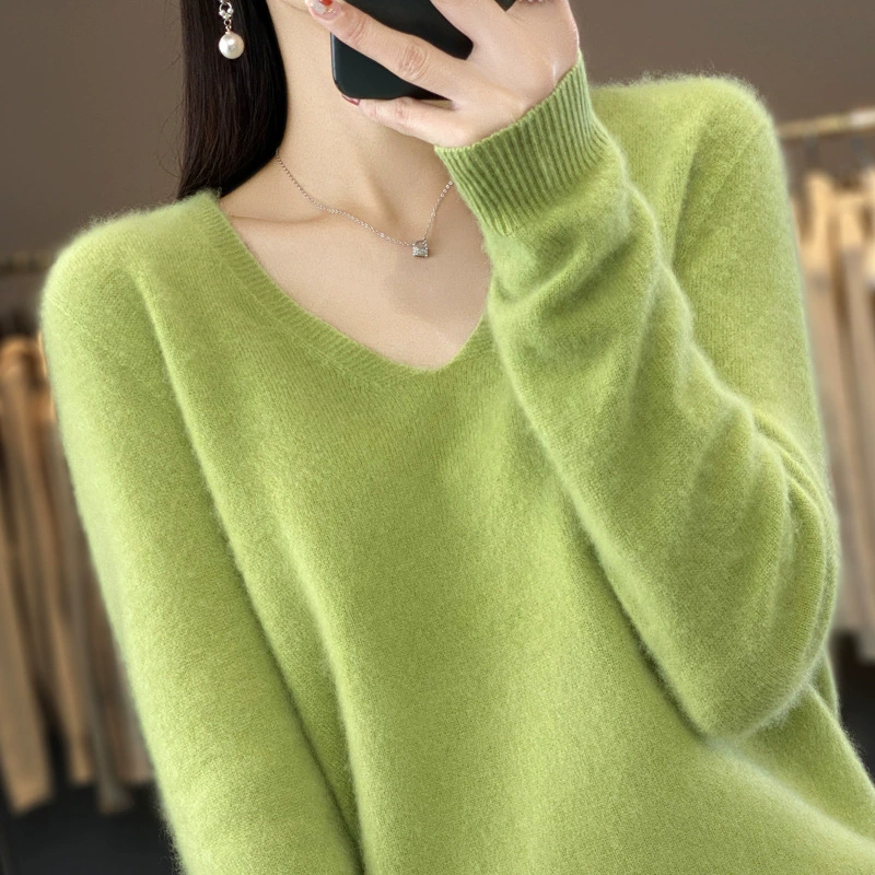Первая линия шерстяной вязаный свитер женский V-образный пуловер свободный нижний свитер осень зима новый сплошной свитер