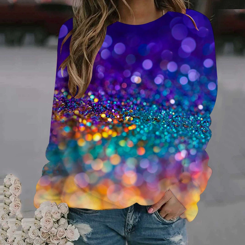 AliExpress Amazon весенне-осенний женский свитер с 3D цифровым принтом и блестящим узором с круглым вырезом и длинным рукавом свободный