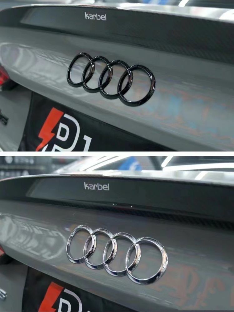 Audi black car emblem, A5 modified with four-ring lettering, four-wheel drive, 35TFSI engine, sporty body, and digital car emblem sticker