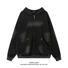 oversize美式贴布泥染做旧卫衣外套女男同款小众潮牌情侣拉链开衫