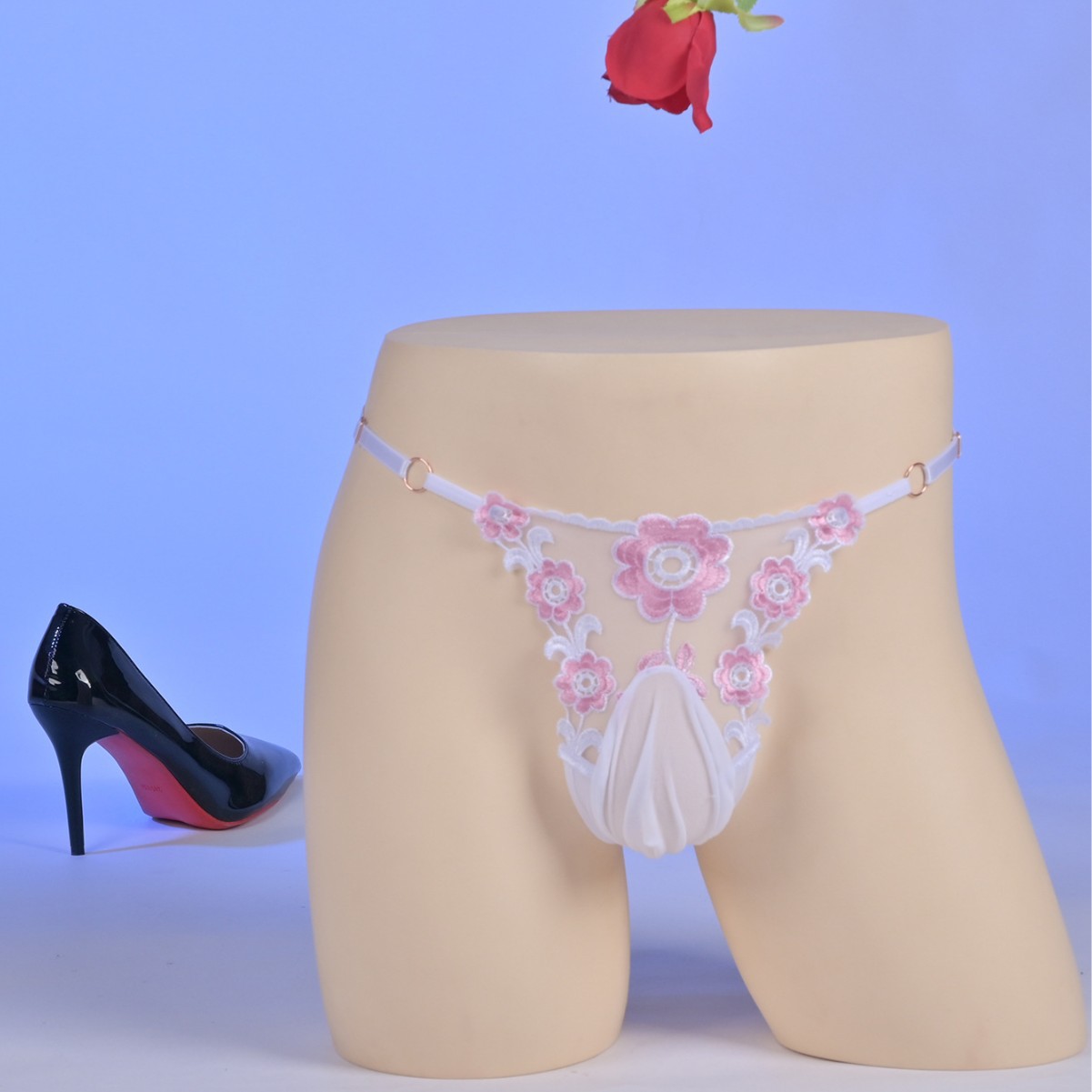 Men's Alluring Sheer Belt Adjustable Embroidered Floral Jj Set Warm and Sexy Date Thong Silky Sheer