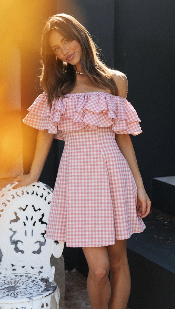 plaid one-shoulder flounce stitching collar dress NSJKW119833