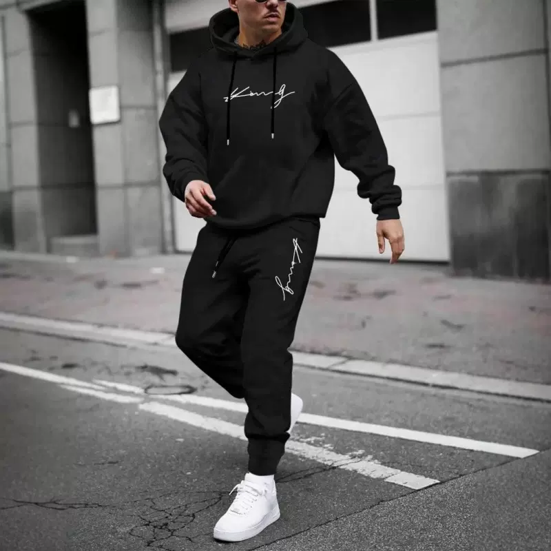 跨境2025新男士套头连帽卫衣印字logo字母宽松卫衣外套长袖长裤套