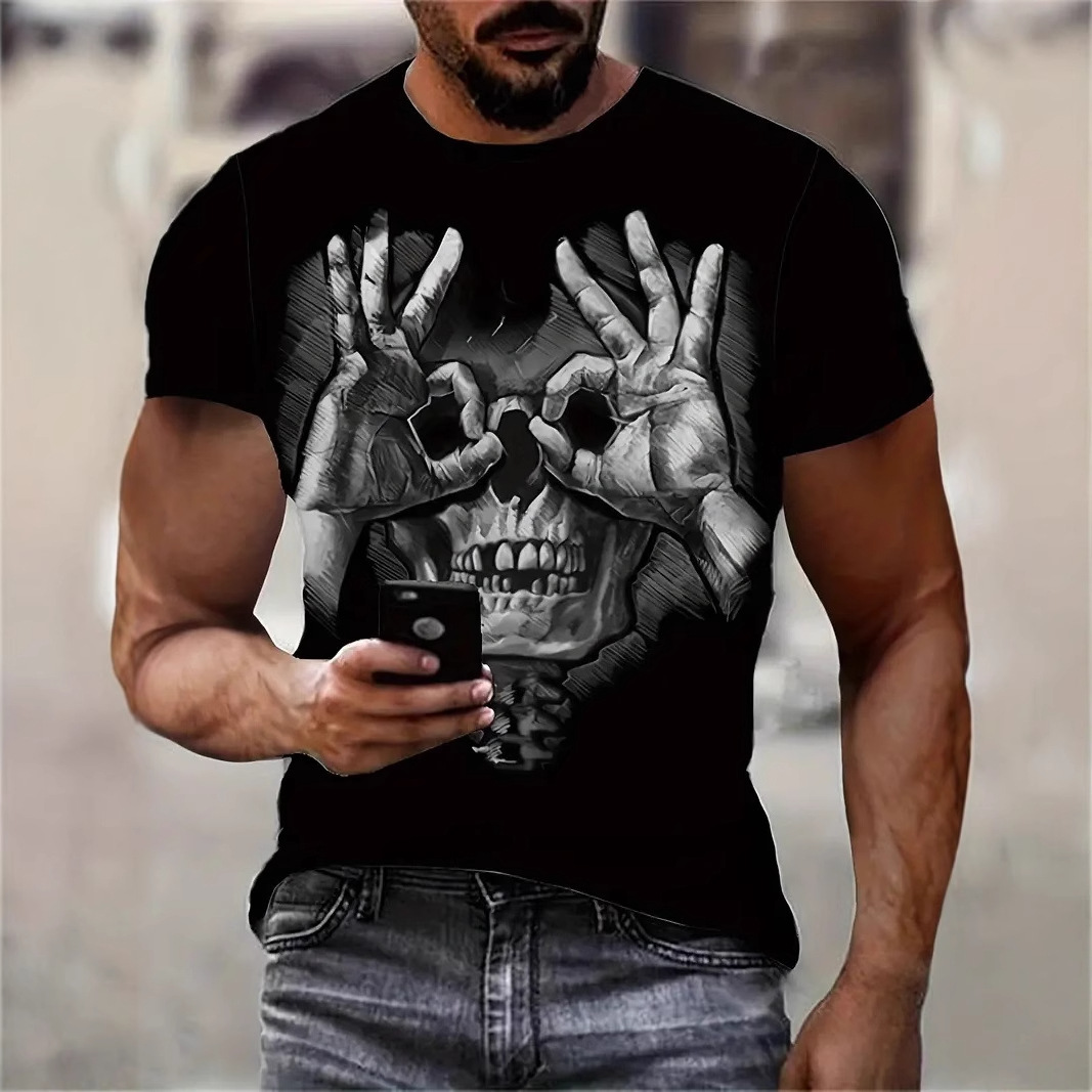 Gestos divertidos y divertidos Skeleton estampado 3D para hombre, malla suelta, manga corta transpirable, camiseta de cuello redondo