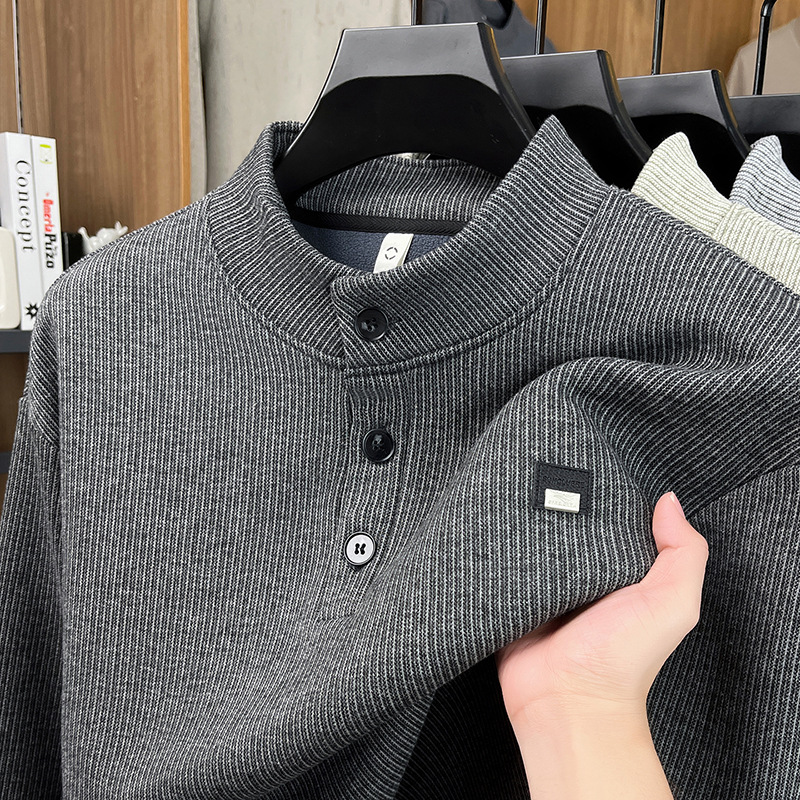 Áo nỉ nam cổ lọ len dệt kim lót lông cừu dày giữ ấm — màu đen