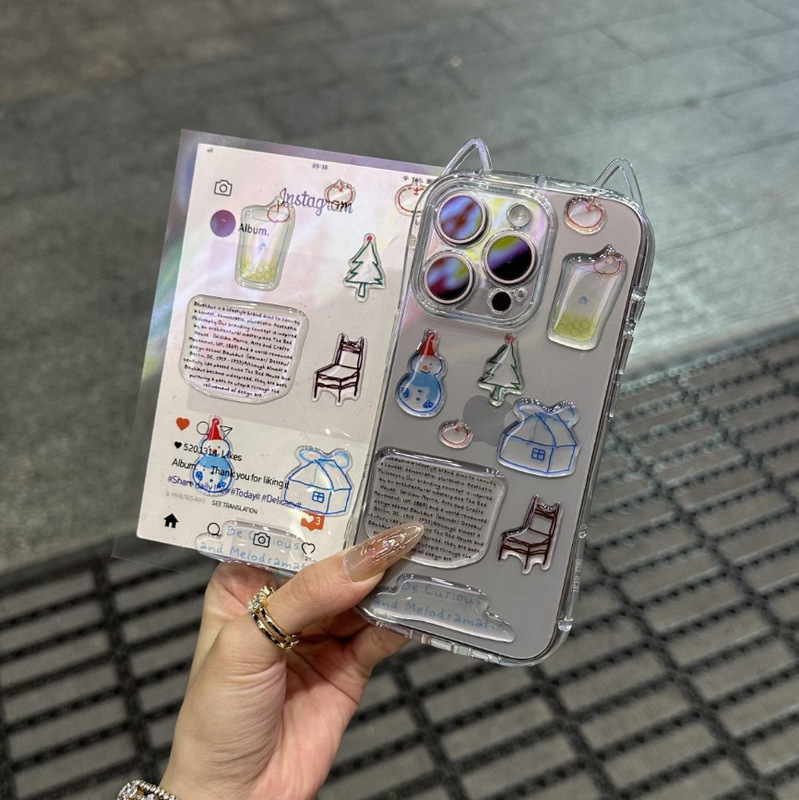 New High-End DIY Cat Earphones + Pink Bear, Snowman Sticker Phone Case Suitable for Apple 15 and Apple 16