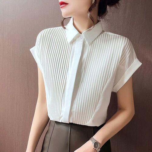 Short-sleeve white shirt for women: summer-style accordion-pleated, loose-fitting office wear with a chic, niche-design chiffon top featuring delicate flutter sleeves.