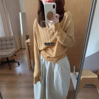 绝美别致老钱风polo领长袖针织衫女秋季v领宽松休闲慵懒打底上衣