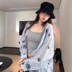 大码胖mmV领长袖印花条纹衬衫女夏季防晒衬衣宽松慵懒风外套上衣