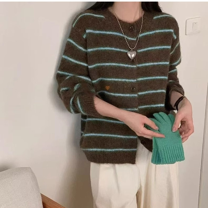 秋冬宽松软糯显瘦百搭针织衫开衫早秋新款日系慵懒条纹毛衣外套女|undefined
