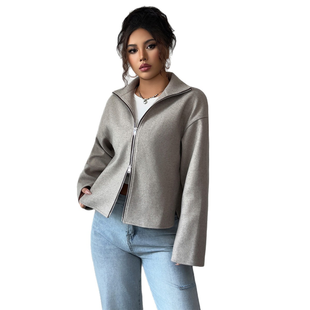Elegant Dusty Rose Zip-Up Jacket For Women – Slim-Fit Long Sleeve Blazer Coat Versatile Layering Dusty Rose_ecoleips.com