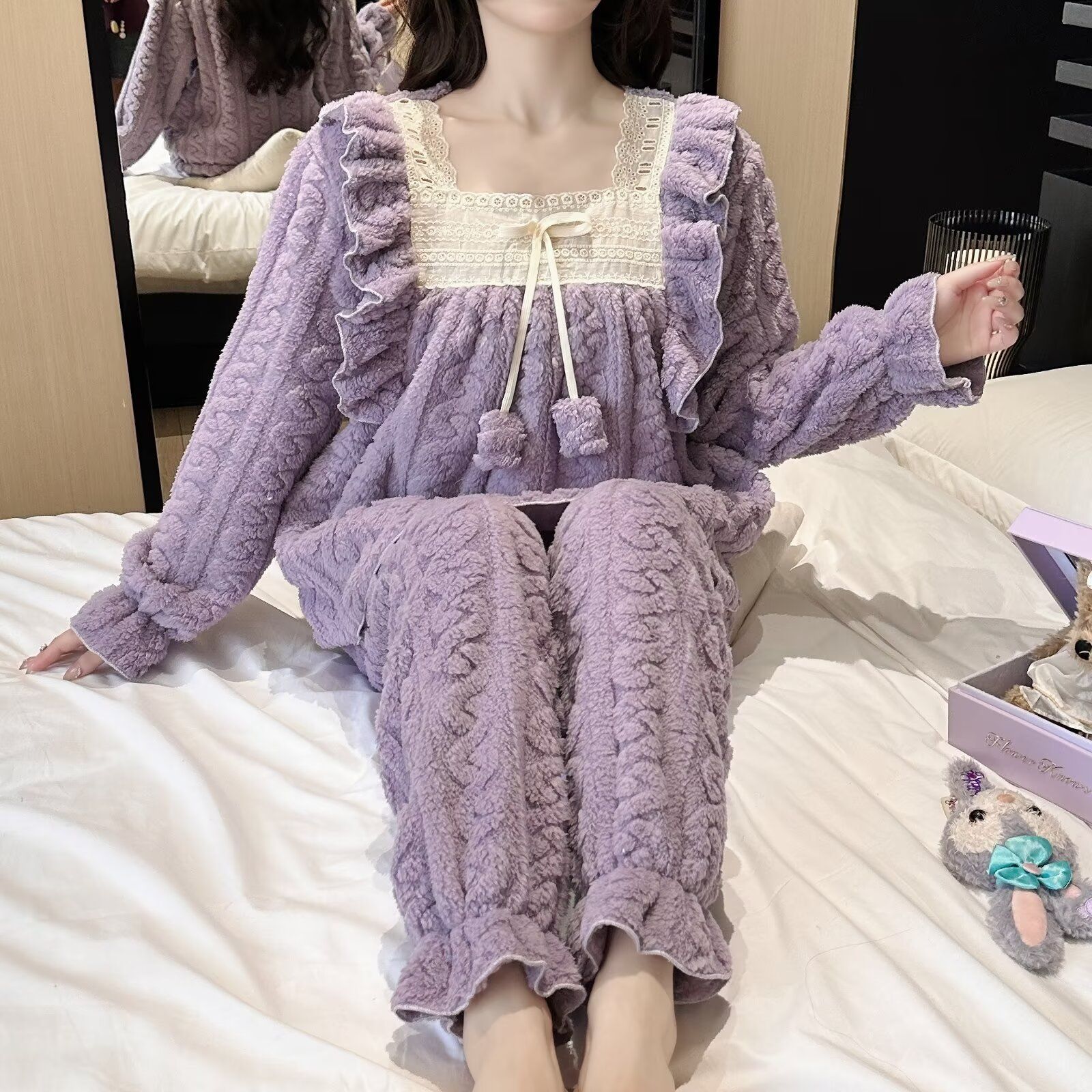 Jacquard de flanel encaje princesa cuello cuadrado pijama de invierno mujer arco cálido conjunto de ropa para el hogar