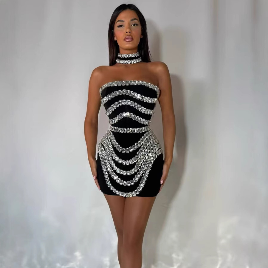 Strapless rhinestone hip dress cross-border Europe and the United States new backless neck chain sexy birthday party bandage dress