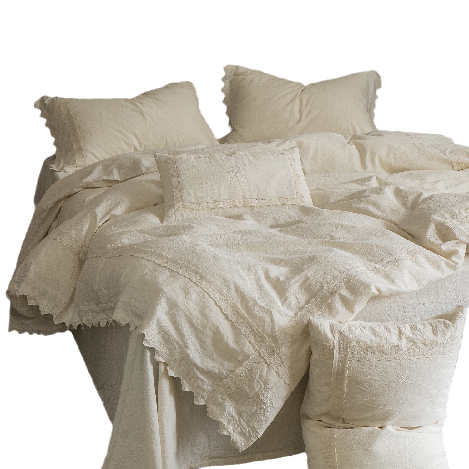 Conjunto de cama e capa de edredom de quatro peças em algodão e linho francês vintage boho nórdico, modelo 2026, com acabamento em renda bordada._voghion.com