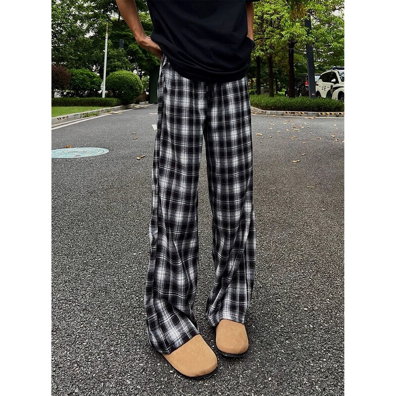 Cleanfit Straight-Leg Flared Pants with a Draped, High-End Feel, Scimitar Pants for Men, American Retro Lazy Style Checkered Pants