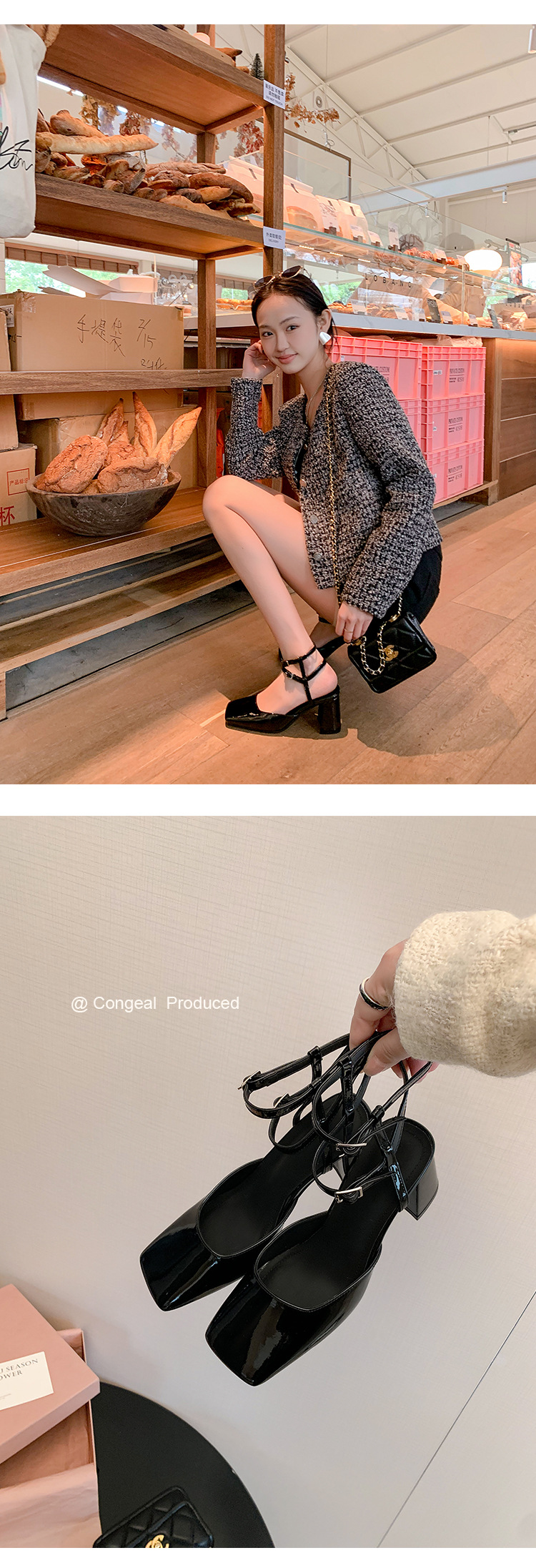 Giày sandal cao gót nữ mũi vuông bít mũi quai ngang gót thô da thật — Màu đen chi tiết 20