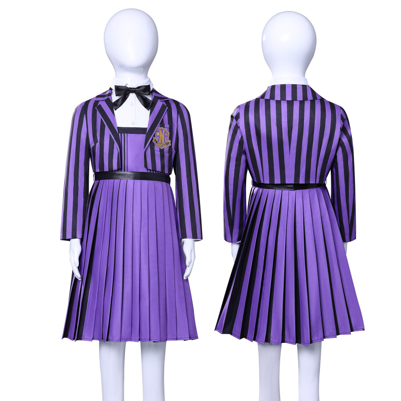 跨境万圣节星期三-紫色女款条纹校服cosplay服装二次元表演亚当斯|undefined