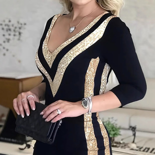 European and American Cross-Border Foreign Trade Dress Elegant Party Black and White Stitching Gold Deep V Sexy Hip-Hugging Dress