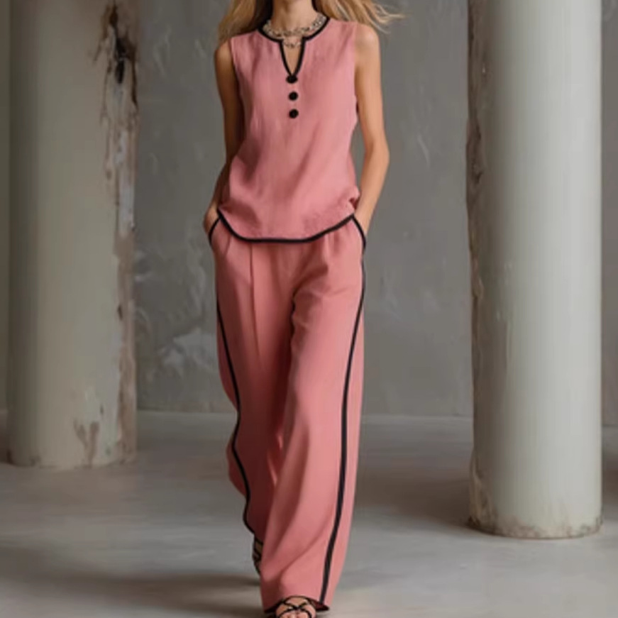 Spring/Summer Women's Sleeveless V Neck Color Block Trim Simple Elegant Comfortable Style Set Black_ecoleips.com