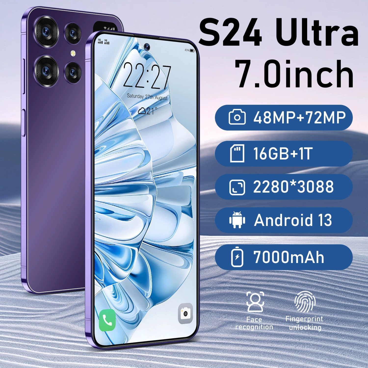 Смартфон S24Ultra, 16 ГБ + 1 ТБ, 7,0" полноэкранный, батарея 7000 мА·ч