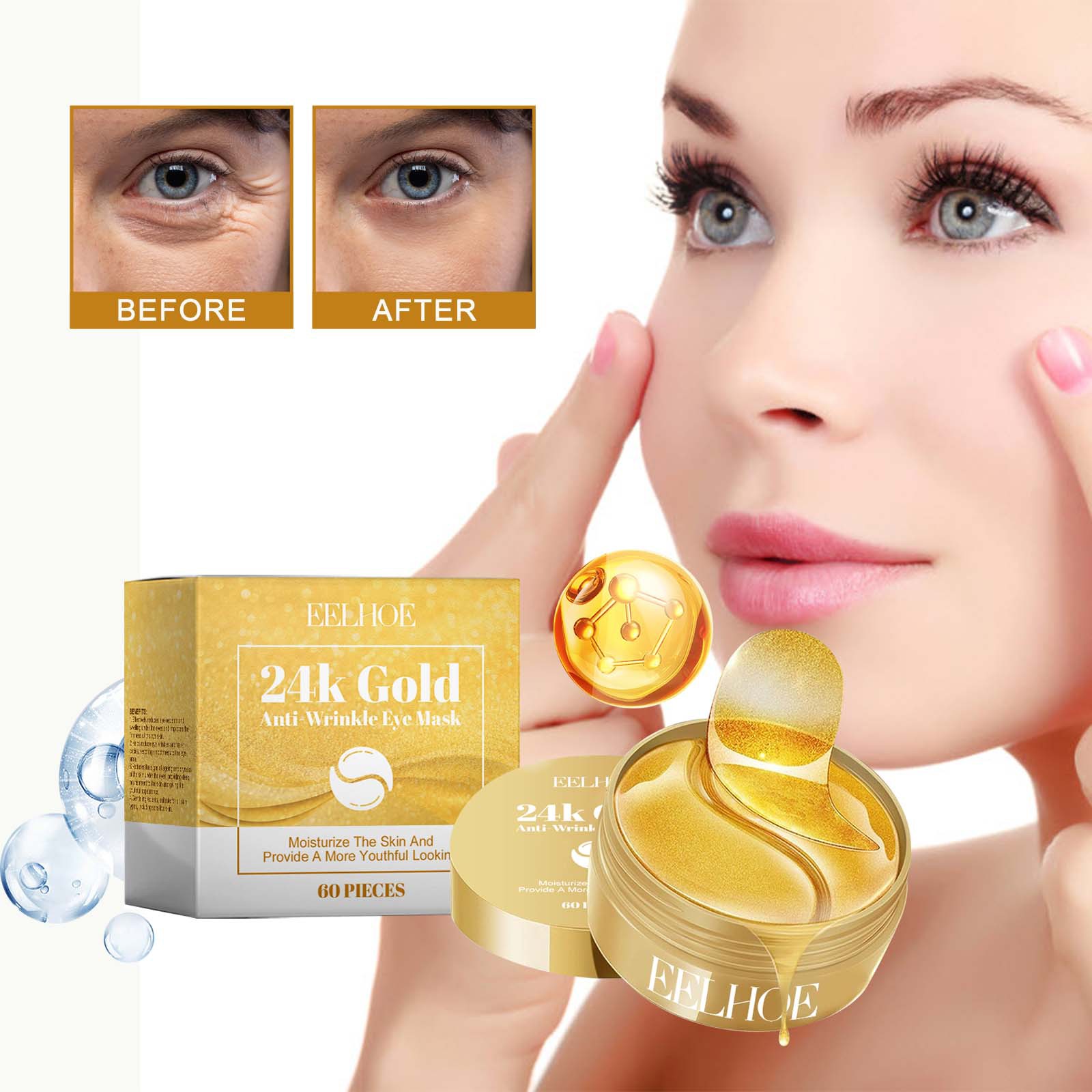 Eelhoe 24K Gold Eye Mask, Hydrating and Nourishing, Improves Eye Wrinkles, Brightens and Moisturizes Eye Skin, Eye Care
