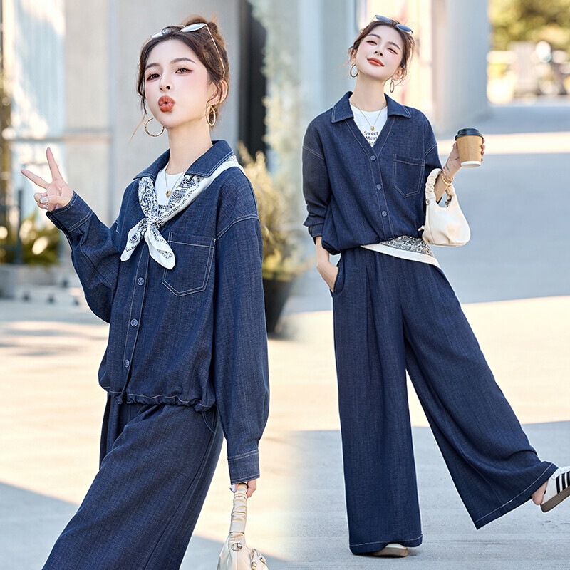 Hong Kong Style Retro Elegant Denim Suit for Women 2025 Autum New Fashion Casual Shirt Wide-Leg Pants Two-Piece Set