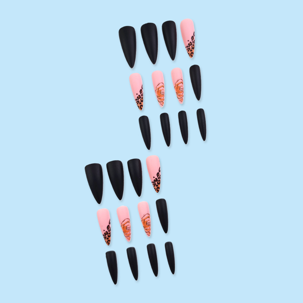 Comercio extranjero polvo negro esmerilado color contraste usar uñas de leopardo rosa manicure francesa 24 piezas de uñas falsas de estilo europeo y americano image 4