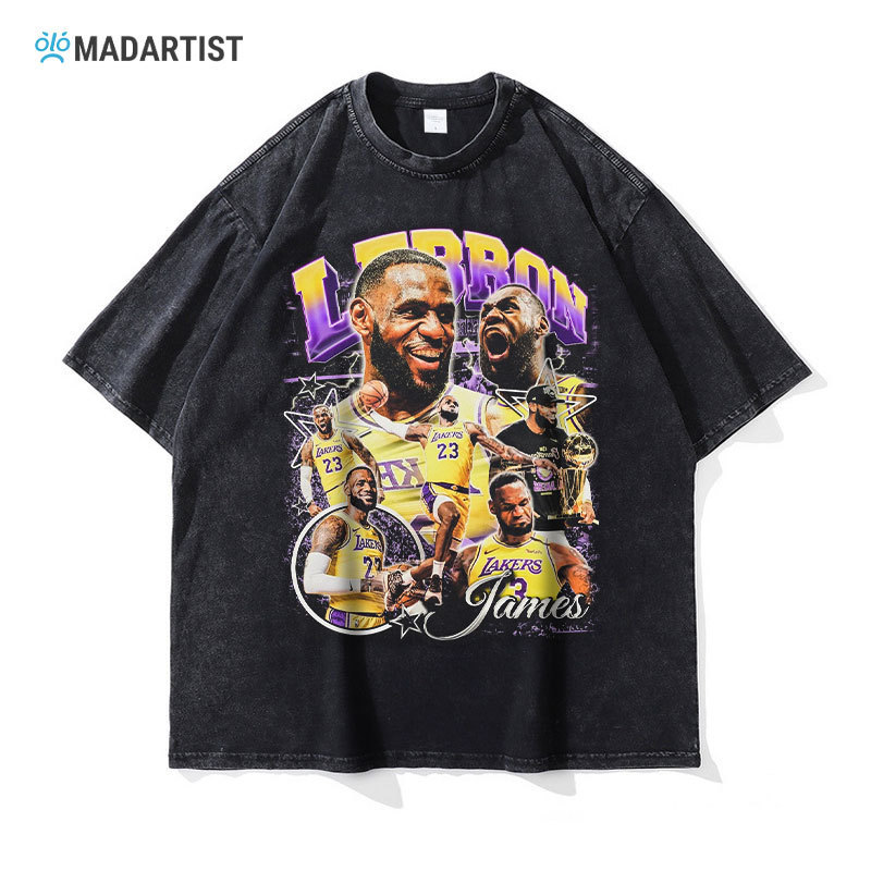 Madartist James T-Shirt Basketball Star Washed Vintage Street Retro Print James Short-Sleeve Trendy Brand